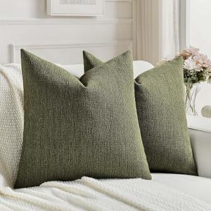 FUTEI Pack of 2 Chenille Decorative Throw Pillow Covers 18x18 Inch,Soft Cozy Faux Linen Textured Cushion Case,Farmhouse Home Decor for Couch Living Room,Moss Green