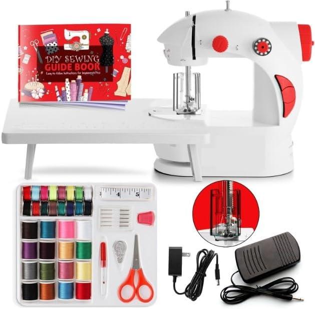 Hearth & Harbor Mini Sewing Machine for Beginners, Dual Speed Small Portable Sewing Machine for Kids and Adults with Extension Table, 48 Piece Gift Set Includes, Pedal, Projects Book and More, Red