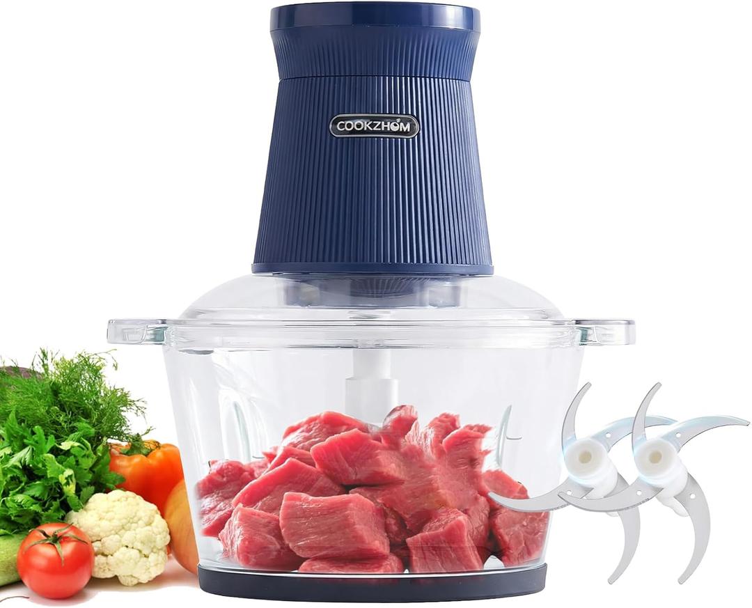 500W Food Processor, Blue Meat Grinder with Glass Bowl 8 Cup, Electric Food Chopper with 2 Sharp Blade Sets for Meat, Fruits, Vegetables, Baby Food, Nuts, 2 Speed