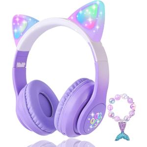 Cat Ear Kids Headphones Bluetooth, LED Light up Wireless/Wired Mode Over Ear Headphones with Build in Microphone for School/Travel (Purple)