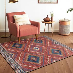 Area Rug 3x5 Rug Machine Washable Non-Slip Low Pile Print Pattern Western Rug for Living Room Bedroom Entryway Tribal Series -Red/Orange