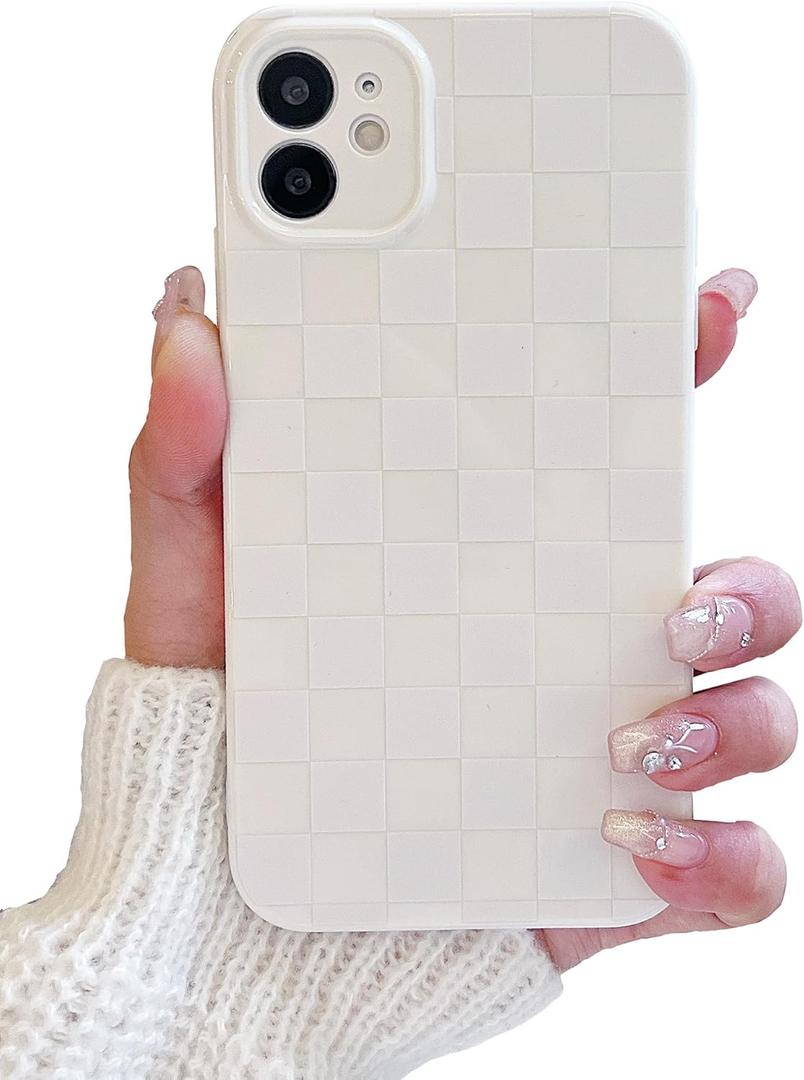 Compatible with iPhone 12 Case,Cute Checkerboard Checkered Cream Silicone Pattern for Women Girl Trendy Slim Fit,TPU Silicone Shockproof Full Camera Protection Cover-White
