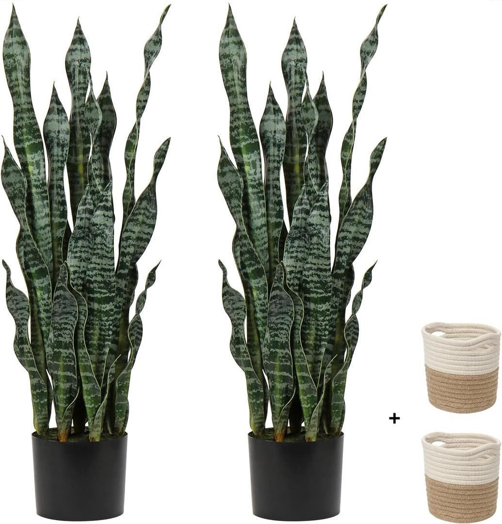 2 Set Large Fake Snake Plant Black Coral 35.8 Inch Sansevieria Plant Artificial Snake Plants in Pots with Woven Basket Faux Mother In Law Tongue Plant - 30 Leaves for Indoor Outdoor Home Office Decor