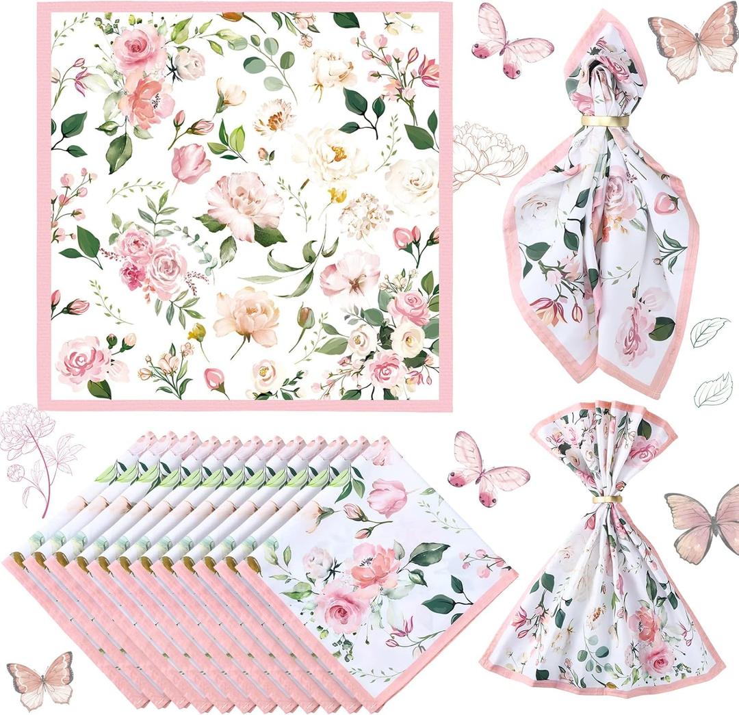 12 Pcs Floral Cloth Napkins 20'' x 20'' Washable Dinner Tea Party Napkins for Kitchen Party Wedding Restaurant Indoor Outdoor Botanical Fresh Spring Summer, 20.1" x 20.1"