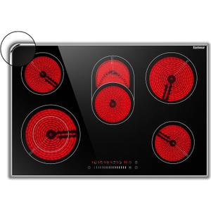 Karinear Electric Cooktop 30 Inch, 8400w 5 Burners Electric Stove Top, Built-in Ceramic Cooktop with Glass Protection Metal Frame, Multifunctional Stove for 220-240v, Hard Wire, No Plug