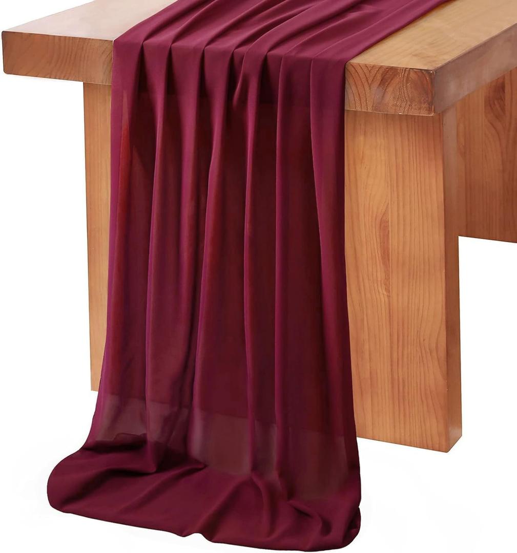 10 Pieces 10Ft Chiffon Table Runners Burgundy Sheer Rustic Wedding Table Runner Elegant Bridal Party Decorations 27x120 Inches