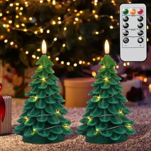 Wondise Christmas Tree Flameless Candles with String Lights 11-Key Remote and Timer, Real Wax Battery Operated 3D Wick LED Flickering Candles for Christmas Holiday Indoor Dinner Decor(3" x 7.1") (5-Green)