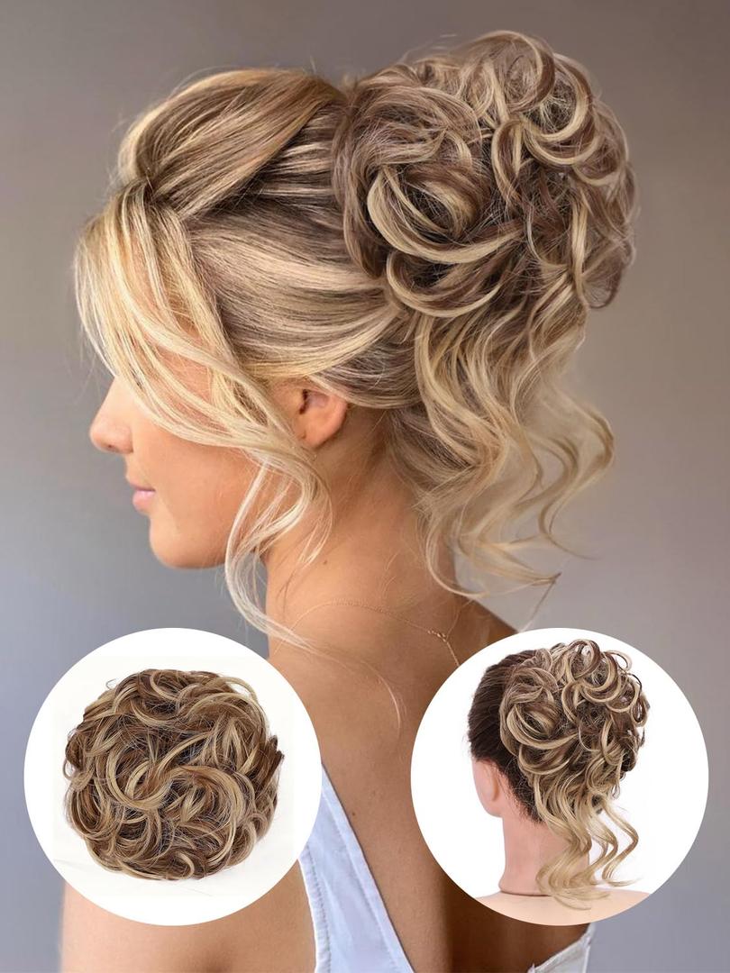 Messy Hair Bun Scrunchies for Women, 2PC Messy Bun Hair Piece Curly Wavy Synthetic Chignon Updo Hairpiece for Daily Wear(12H24:Light Brown mix Natural Blonde)