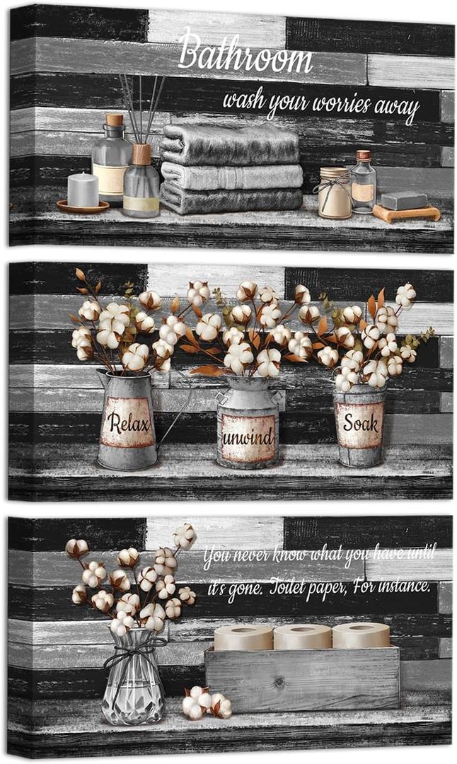 HOMEOART Bathroom Signs Farmhouse Bathroom Wall Decor Pictures Canvas Wall Art for Bath Room Decor Framed 6x12inchx3Pieces (Black)