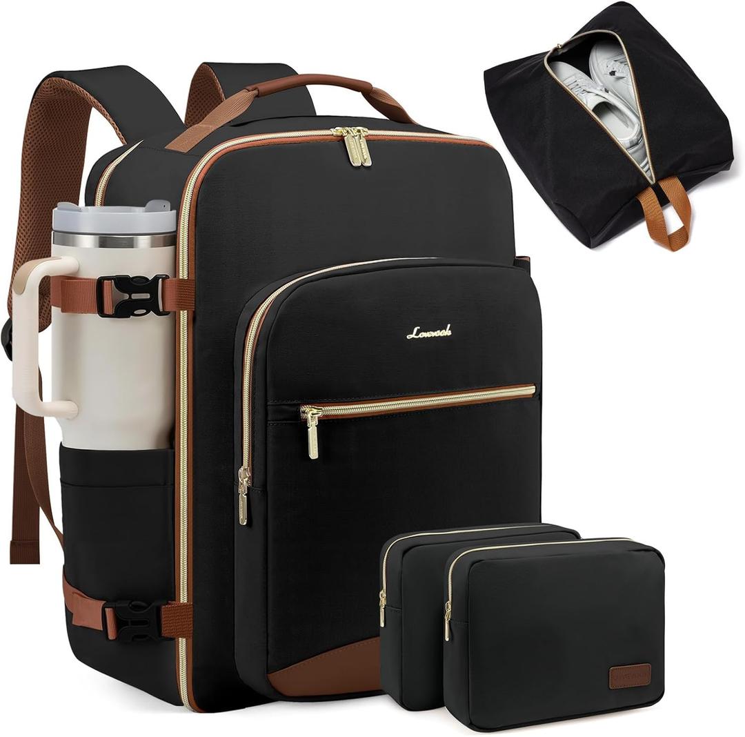 LOVEVOOK 40L Large Travel Backpack for Women Men, 17 Inch Carry on Backpack for Traveling on Airplane, Personal Item Bag Airline Approved, Business Causal Weekender Backpack, Black-Brown, 40l-17.3 Inch-4pcs