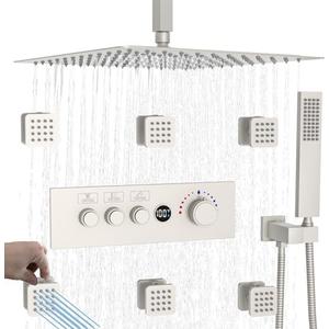 Temperature-Display Shower System with Body Jets, 16 Inch Rainfall Shower with Push-button Thermostatic Valve and Independent Flow Control, Brushed Nickel
