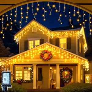 65FT 640 LED Christmas Lights Outdoor - Plug in Waterproof String Lights for Outside with 120 Drops & 8 Modes, Icicle Twinkle Curtain Lights for Holiday, Party, Garden, Patio Decor(Warm White)