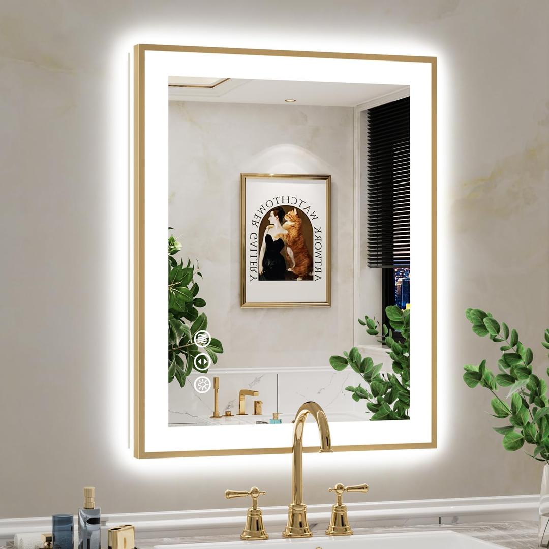 24x30 Inch LED Bathroom Mirror with Lights (Front Lit and Backlit) Gold Framed Lighted Vanity Mirror for Bathroom Wall Dimmable Anti-Fog Memory Tempered Glass Horizontal/Vertical