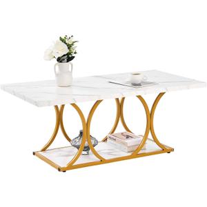 VEVOR Coffee Table, Modern Faux Marble Coffee Table, Large 2-Tier Rectangle Center Desk with Geometric Legs, Minimalist Sturdy Metal Frame Accent End Desk for Living Room, Office, Easy Assembly, White