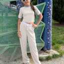 Hilinker Girl's Clothing Set Short Sleeve Crop Tops and Wide Leg Pants 2 Piece Outfits Beige White 13-14 Year (Beige)