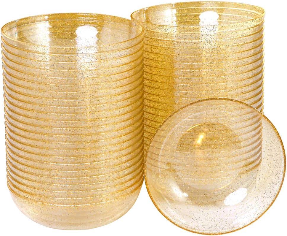 bUCLA 50Pack Gold Glitter Plastic Bowls - 16oz Disposable Crystal Salsa/Dessert Bowls for Wedding & Party