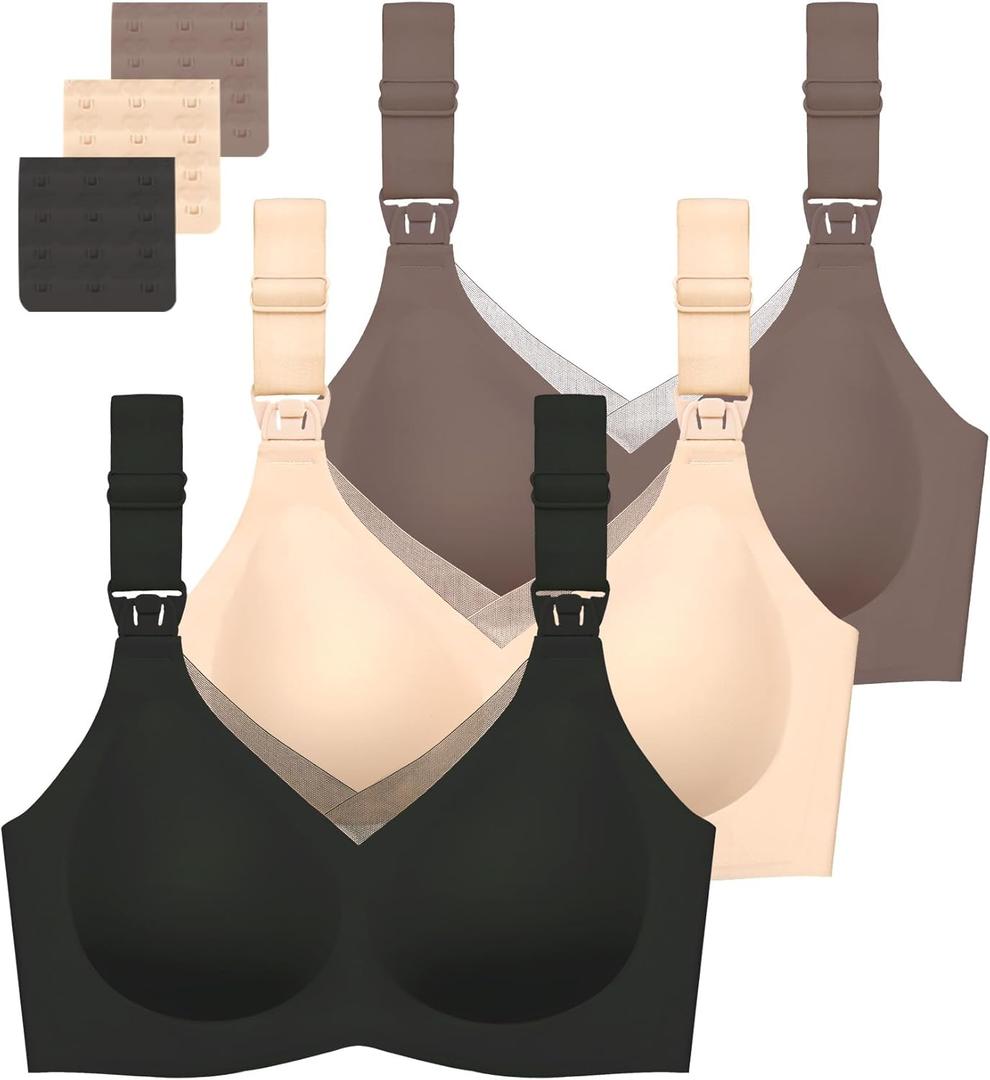 Gailife 3 Pack Nursing Bras for Breastfeeding Seamless V Neck Mesh Maternity Bra Comfort Pregnancy Sleep Bralette (X-Large, Black/Beige/Grey)