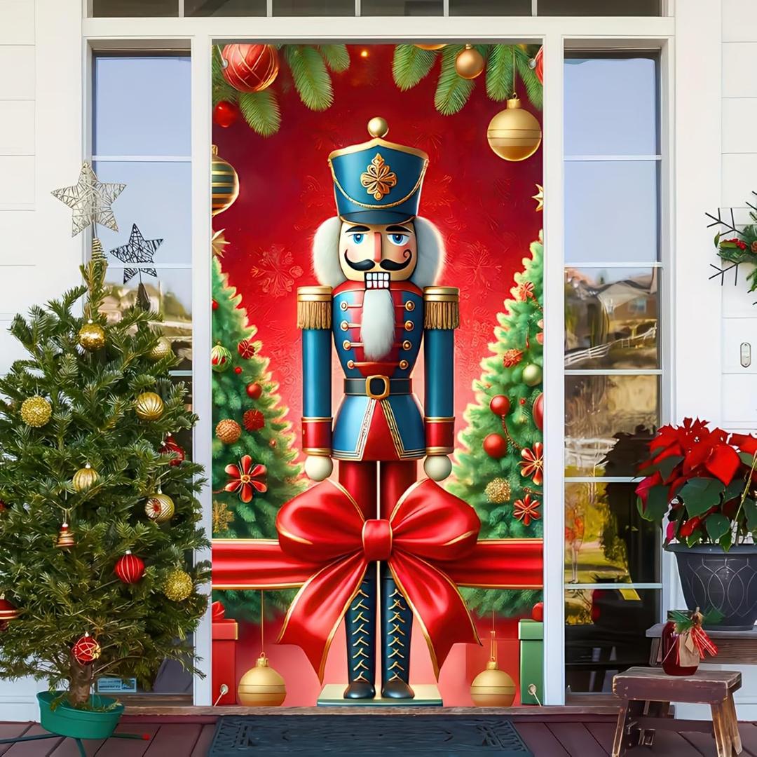 2 x BlissYard Christmas Door Cover 71x35 Inch Nutcracker Door Banner, Merry Christmas Winter Porch Sign for Front Door, Farmhouse Holiday Entry Decor Indoor Outdoor Christmas Party Hanging Cover