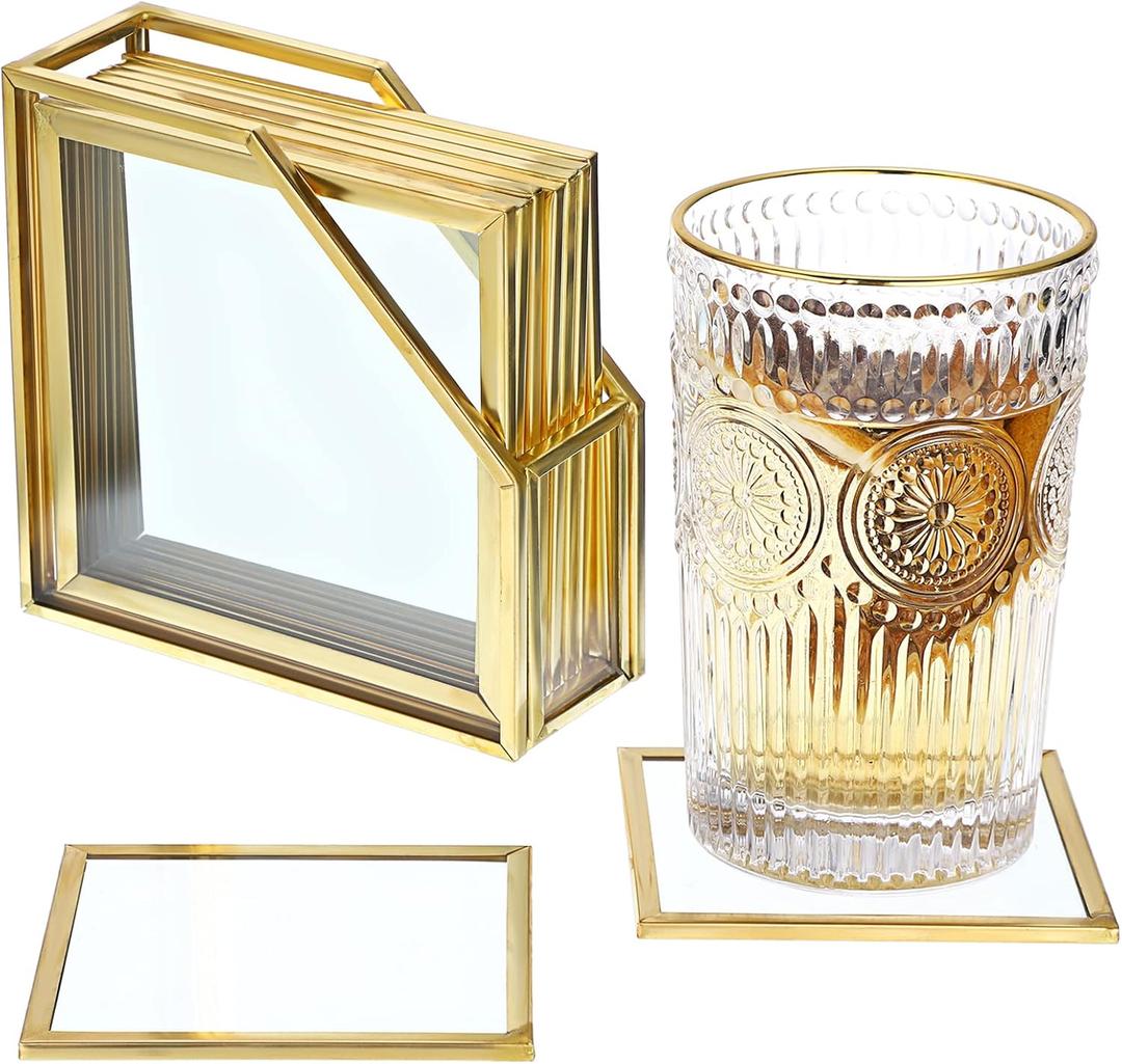 JuxYes Set of 7 Glass Coasters with Holder, Gold Elegant Cup Coasters for Coffee, Tea, - Square Brass Edge Glass Mats for Coffee Table