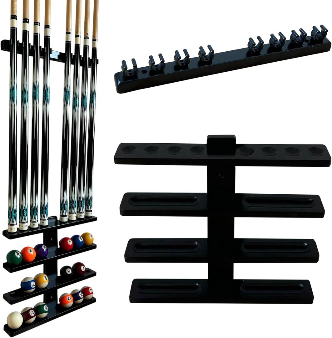 Wall-Mounted Pool Stick Holder, All Handicraft Hardwood Rack for 8-Cue Storage, Billiard Accesories Organizer (BLACK)