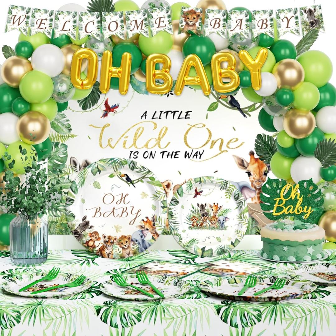 Safari Baby Shower Decorations for Boy, Jungle Animal Themed Party Supplies, A Little Wild One is on the Way Baby Shower Tableware Set with Balloon Garland Kit Plates Napkins Forks Serves 24