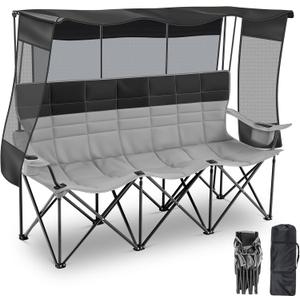 Teenyyou 3 Person Camping Chair with Canopy Shade Oversized Folding Beach Chair, 700lbs Heavy Duty Couch with Cup Holder Carry Bag for Beach Lawn Outdoor (Black and Grey, Canopy Camp)