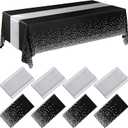 Breling 8 Pack Black and Silver Disposable Plastic Tablecloths and Satin Table Runner Set, 54 x 108 Inch Tablecloth, 12 x 108 Inch Table Runners for Wedding Graduation Birthday Baby Shower New Year