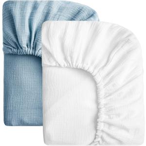 SOULFUL Muslin Crib Sheets for Boys Girls, 2 Pack Soft and Breathable Cotton Fitted Crib Sheets for Standard Crib Mattress (28"x 52", White & Blue)