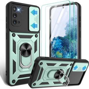 Gritup for Samsung Galaxy-S20 Case with Slide Camera Cover & [HD Screen Protector2],360Rotation Ring Kickstand [Military Grade] Case,Dark Green