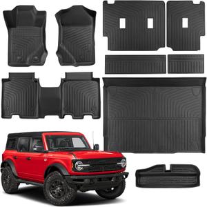 Floor Mats & Cargo Liner & Backrest Pad for Ford Bronco 4-Door (Not for Sport) 2021-2025 2026 All Weather Heavy Duty TPE Waterproof Anti-Slip Tech Floor Mats for Car Automotive Accessories