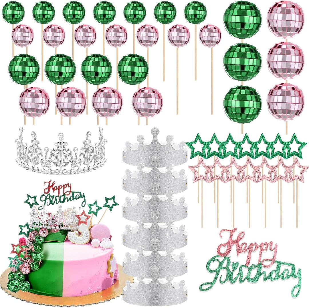50 Pcs Witch Princess Theme Birthday Party Supplies Witch Party Favors Disco Ball Cake Toppers Accessories Pink and Green Decorations(Princess Crown)