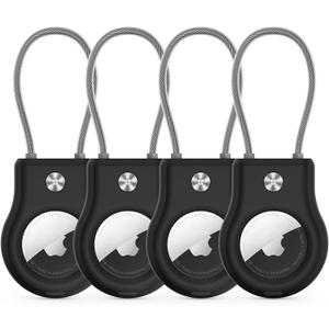 Air Tag Holder - (4 Pack) Air tag Lock Keychain with Wire Cable Compatible with Apple AirTag,Ultra Durable Anti-Lost Protective Case with Keyring for Luggage, Key, Backpack, Pet, Bag, Black