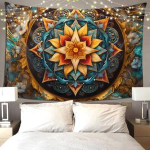 Smacget Mandala Floral Boho Multicolor Flower Psychedelic Wall Hanging for Teen Girls - Blue Orange Tarot Aesthetic Witchy Tapestry for Bedroom Dorm Decor - Hippie Tapestry 80"X60"