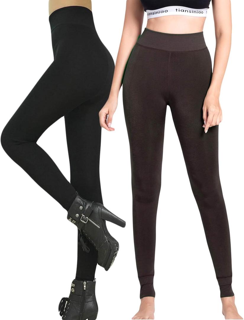 Romastory Winter Warm Leggings Women Elastic Thick Thermal Legging Pants Fleece Lined Tights (Small-Medium, Black+coffee Pack)
