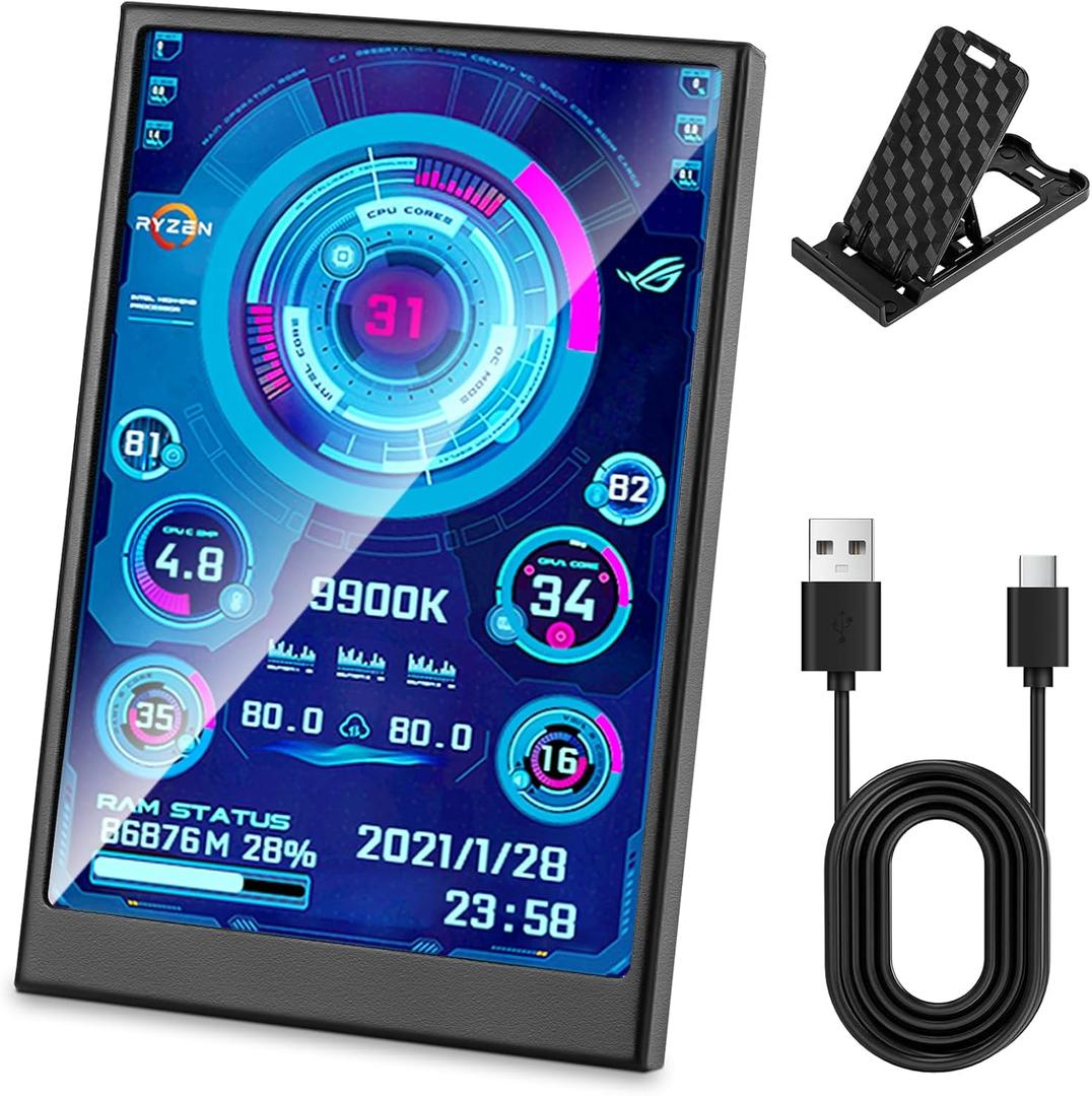 3.5 Inch IPS USB Mini Screen No Installation AIDA64 Pc Case Screen Computer Temp Monitor PC Temperature Display with Stand, USB Cable, Manual