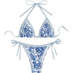 Women's Summer Beach Floral Printed Halter Neck Bikini Set Carnival, Blue XS