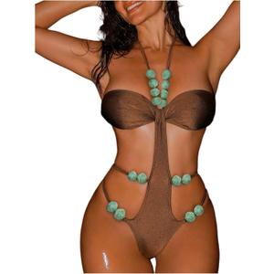 OYOANGLE Women's Strappy Beaded Halter Monokini Cutout Backless One Piece Swimsuit Cheeky Beach Leotard, XL