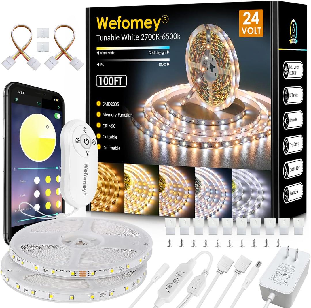 White LED Strip Lights, 100ft Dimmable Bright 24V Led Tape Light with Remote and App Control, 2700K-6500K White 1800 LEDs Lights for Bedroom, Kitchen, Ceiling (2 Rolls of 50ft)