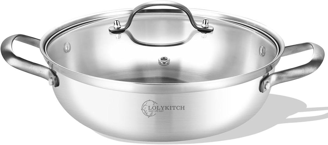 LOLYKITCH 14 Inch Tri-Ply Stainless Steel Saut Pan with Lid,Everyday Pan,Kadhai,Large Skillet,Jumbo Cooker,Induction Deep Frying Pan,Dishwasher and Oven Safe.(13-3/4 Inch 7 Quarts)