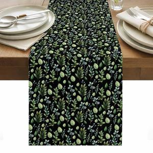 Table Runner 13x90in Rural Retro Plant Leaves Linen Washable Dresser Scarf Green Botanical on Black Kitchen Dinning Tablerunners for Holiday/Party/Wedding/Home Tables Decor