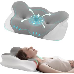 Cervical Neck Pillow - Memory Foam Pillows for Pain Relief Sleeping with Cooling Pillowcase, Ergonomic Contour Odorless Bed Pillow for Back Side Shoulder Stomach Sleeper, Queen Gray