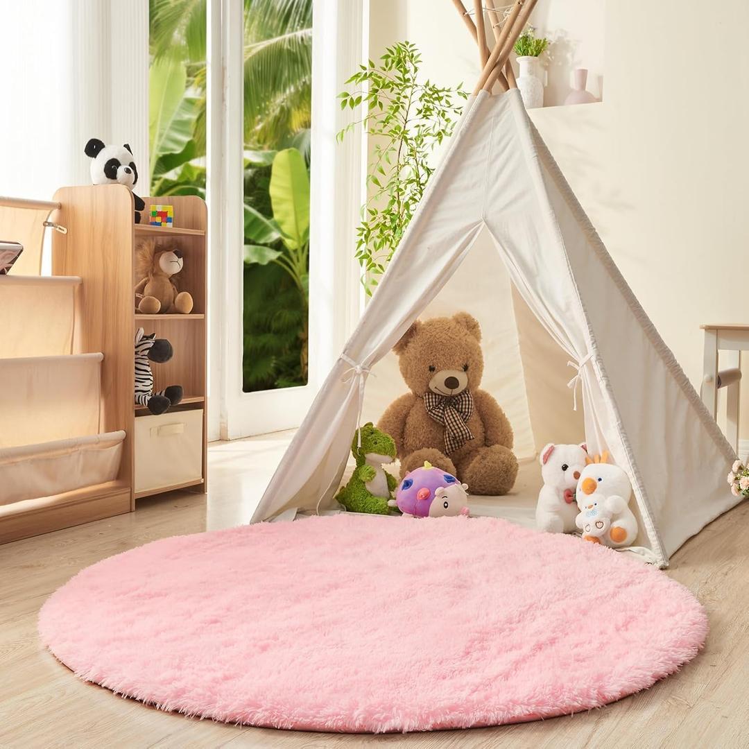 OPPODREAM 3ft Pink Circle Rug for Bedroom, Ultra-Soft Round Rugs 3-ft for Living Room, Fluffy Carpet for Nursery, Kids, Girl, Boy, Baby, Plush, Fuzzy, Shag, Shaggy, Cute Home Decor