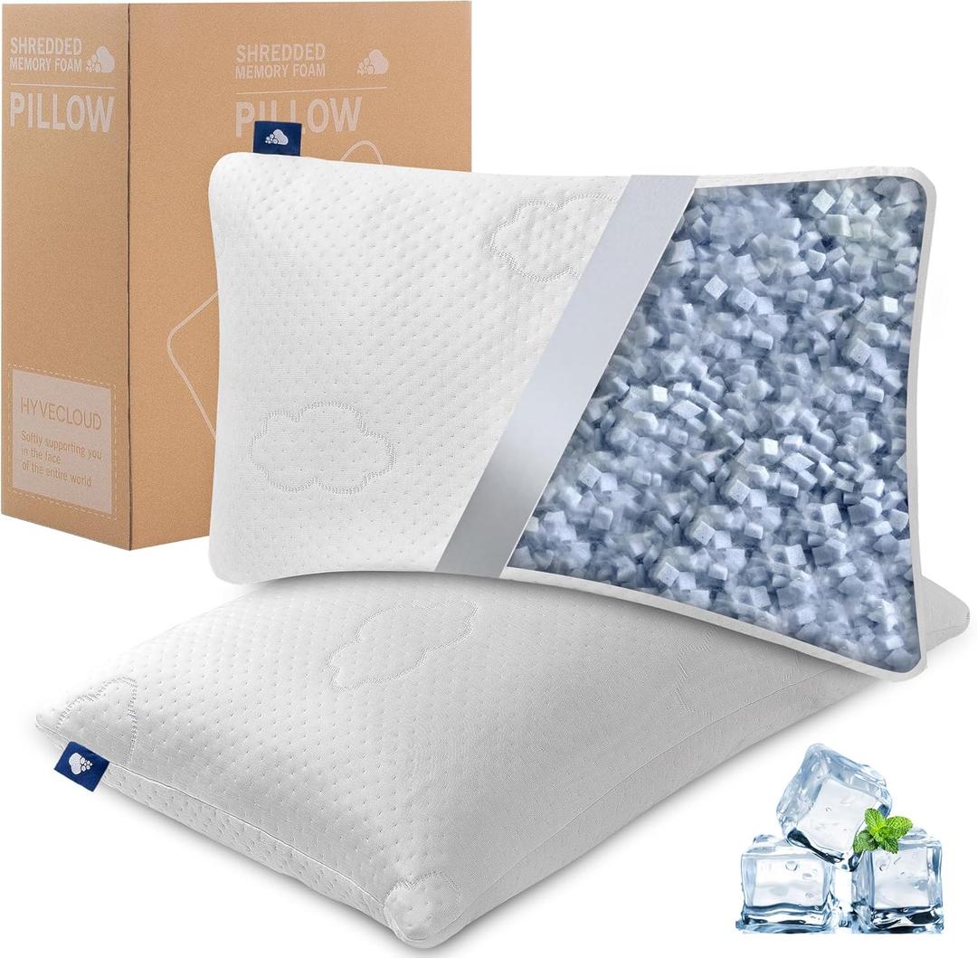 Cooling Memory Foam Pillows for Deep Sleep Bed Pillow Support with Removable & Cooling Pillow for Neck PainRelief Pillow & Back & Side Rectangular White-Cooling Queen Pack of 2