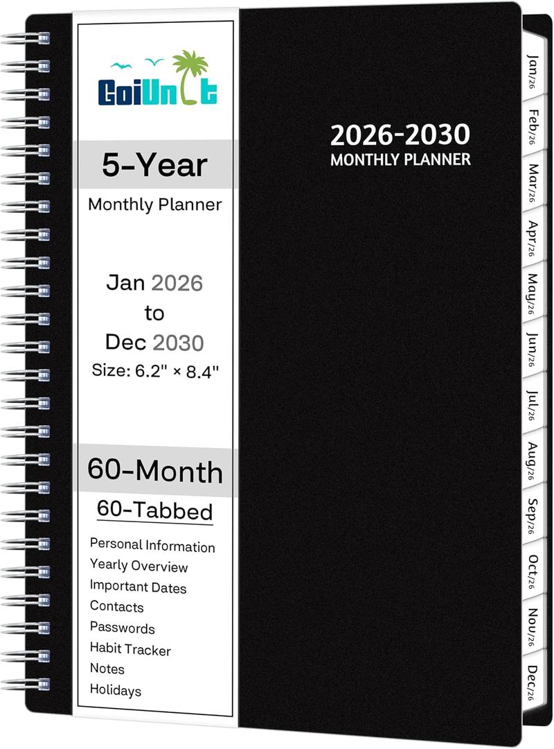 Monthly Planner 2026-2030, 5-Year Calendar Planner 2026-2030, Jan 2026 Dec 2030, 6.2 x 8.4 In, Ruled Spread, Flexible Cover, Spiral Wirebound, Pocket, 60 Coated Monthly Tabs, Notes Habit Tracker