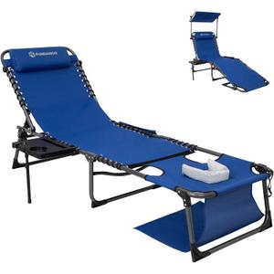 FUNDANGO 4 in 1 Tanning Chair with Face Hole, Beach Lounge Chair w/Canopy Shade & Side Table Chaise Lounge Chairs for Patio, Pool, Lawn, Sunbathing, 5-Position Adjustable Sun Lounger, Blue, Oversized