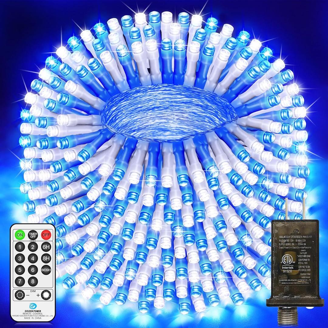 403 FT 1000 LED Christmas Lights Outdoor Decorations Super Long Fairy Lights Waterproof 8 Modes Timer Clear Wire String Lights for Outside House Tree Patio Yard Wedding Party Holiday- Blue & White
