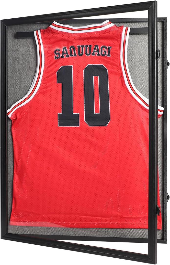 Jersey Frame Display Case Large Lockable Sports Jersey Frame Shadow Box with Uv Protected Acrylic and Hanger for Baseball Basketball Football Soccer Hockey Sport Shirt Linen Black