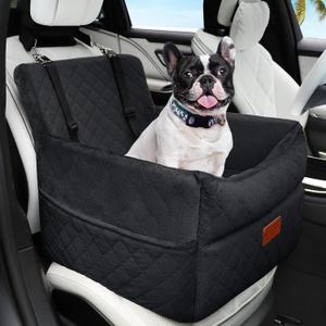 HEGGCOOE Small Dog Car Seat, Memory Foam Dog Booster Car Seats with Thick Cushion for Medium Dogs Under 35lbs, Detachable Washable Dog Bed for Car, Pet Carseat with Storage Pockets,2 Safety Belts (Black)