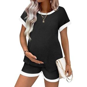 Ekouaer Women's Waffle Knit Maternity Pajamas 2 Piece Outfits Short Sleeve Tops and Shorts Loungewear Set Pregnancy Clothes, Medium