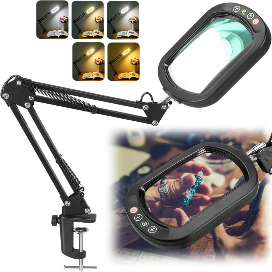 10X Rectangle Magnifying Glass with Light, 5 Color Modes Stepless Dimmable Magnifier with Stand, LED Lighted Clamp Desk Lamp with Swing Arm, Hands Free for Reading Painting Crafts Close Work (Black)